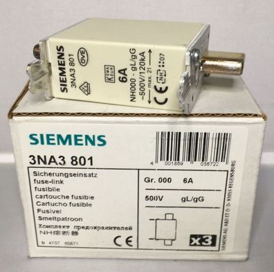 Siemens Sicherungseinsatz 3NA3 801 Gr.000 6A