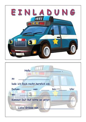 8 Einladungskarten Kinder Geburtstag Einladungen Polizei Polizeiauto Polizist 110