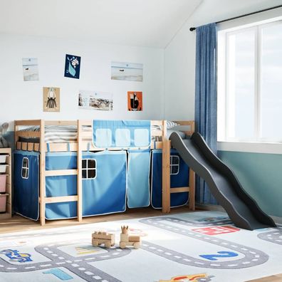 vidaXL Kinderhochbett mit Vorhängen Blau 80x200 cm Massivholz Kiefer