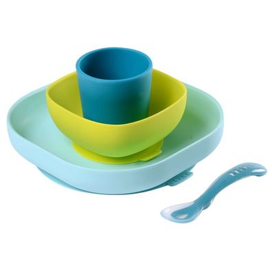 Beaba 4-tlg. Babygeschirr-Set Silikon Blau und Grün