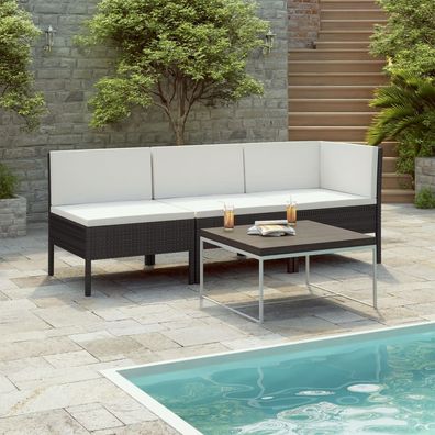 vidaXL 3-tlg. Garten-Lounge-Set mit Auflagen Poly Rattan Schwarz