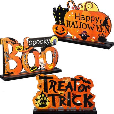 3 Stéck Happy Halloween Schild Holz Kérbis Boo Tischdekorationen Leckerli