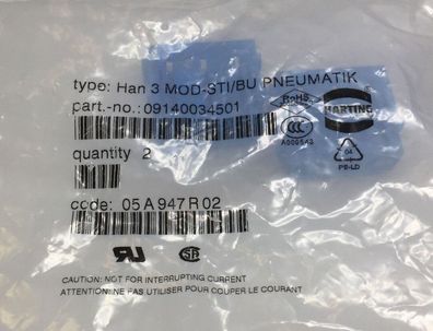 Harting PneumatikModul Stift Buchseneinsatz 09140034501 Typ Han 3 MOD-STI/BU NEU