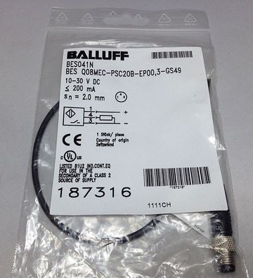 Balluff 187316 induktifer Sensor BES041N BES Q08MEC-PSC20B-EP00,3-GS49 Neu