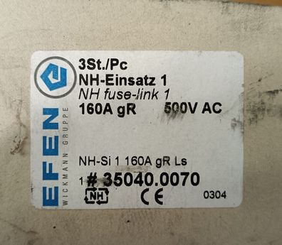 EFEN NH-Einsatz 160A gR 500 V Sicherungseinsatz 35040.0070 Inhalt 3 Stück