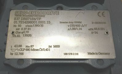 SEW Eurodrive S37 DRS71S4/TF Getriebemotor 188 578 2 DE