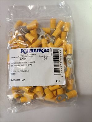 100 x Klauke Quetschkabelschuh 4-6qmm L: 21,5mm verzinnt isoliert 6505