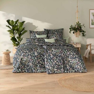 Estella Mako-Satin Bettwäsche 135x200 Nadja anthrazit Blätter grün 7956-920