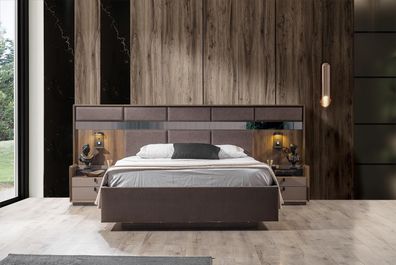 Luxuriöses Schlafzimmer Set Braunes Doppelbett 2X Nachttische 3Tlg Neu