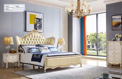Luxus Chesterfield Echtholz Schlafzimmer Bett Nachttisch 3Tlg. Set