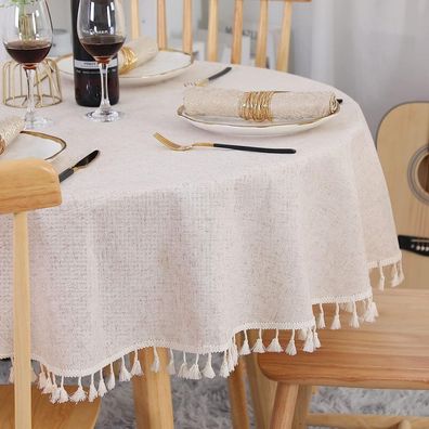 Beige Tischdecke Rund 120 cm Abwaschbar Leinen Baumwolle Tischtuch Knitterfrei