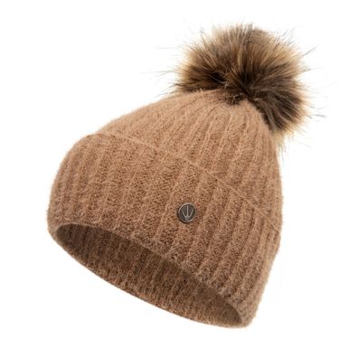 Damen Mütze flauschig Warme Wintermütze mit Kunstfellbommel Basic Beanie Rippenmuster