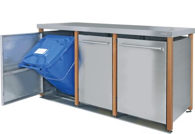 Müllbox Typ-LD, 3x 120l, Türfarbe Edelstahl Pultdach - Edelstahl