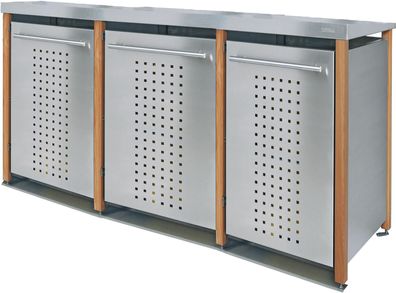 Müllbox Typ-LD, 1x 240l + 2x 120l, Türfarbe Edelstahl Pultdach - F-Design