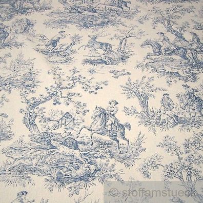 Stoff Baumwolle Rips Toile de Jouy Jagd ecru blau 280 cm breit überbreit