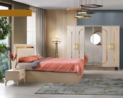 Schlafzimmer-Set 4Tlg Beige Doppelbett Nachttische Kleiderschrank Modern Design