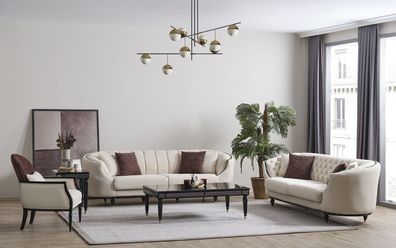Weißes Wohnzimmer Set Sofagarnitur 3 + 3 + 1 Couchtisch Beistelltisch 5Tlg