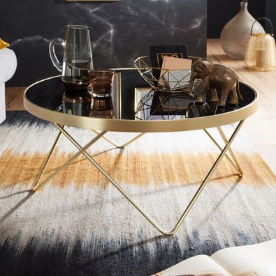 FineBuy Couchtisch Schwarz Gold Glasplatte Wohnzimmertisch Ø 82 cm