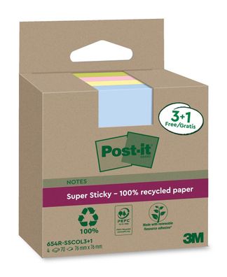 POST-IT 654 RSS3COL3 + 1F Haftnotiz Super Sticky 100% Recycling Notes - 76 x 76 mm,