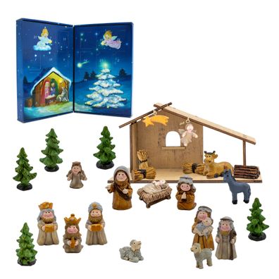 Weihnachts Krippe m. Holz Stall - 26x13 cm - Tisch Deko Figuren Advent Kalender