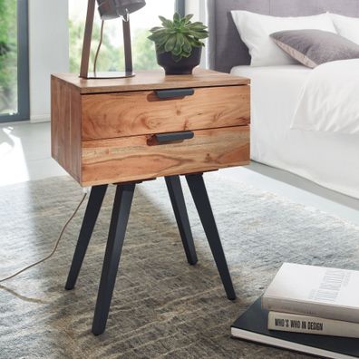 Wohnling Nachtkonsole 47x65x35 cm Akazie Massivholz Nachttisch Boxspringbett