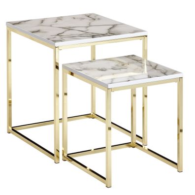 Wohnling Beistelltisch 2er Set Couchtisch Marmor Optik Wohnzimmertisch Weiß Gold