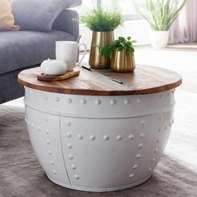 Wohnling Couchtisch Mango Massivholz Ø 60 cm Wohnzimmertisch Weiß Rund Sofatisch