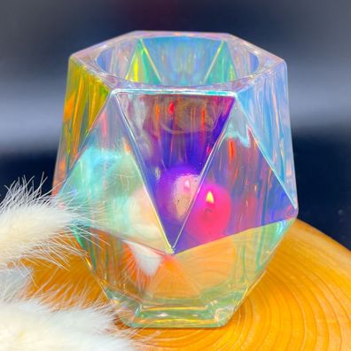 PartyLite Teelichthalter Glas "Rainbow Glass" Diamant Regenbogen schillernd