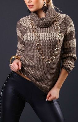 SeXy Miss Glitzer Lurex Pullover Damen Strick Rolli 34/36/38 gold braun beige