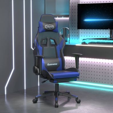 Gaming-Stuhl mit Massage &amp; Fußstütze Schwarz &amp; Blau Kunstleder