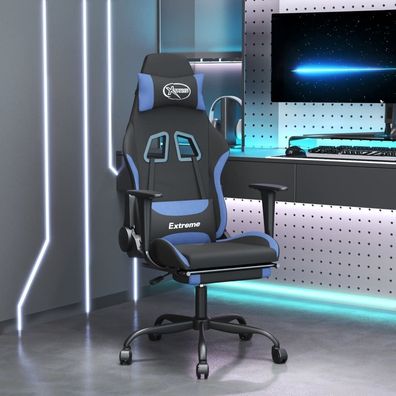 Gaming-Stuhl mit Massage &amp; Fußstütze Schwarz und Blau Stoff