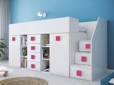 Kinderbett Hochbett T-3P-G, mit Schreibtisch, Schrank und Schubladen. Farbe wählbar