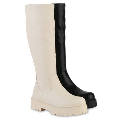 VAN HILL Damen Leicht Gefütterte Plateaustiefel Stiefel Profil-Sohle Schuhe 841464