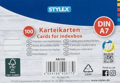 Stylex 42677 Karteikarten, DIN A7, liniert, 140g/m² - 100 Stück