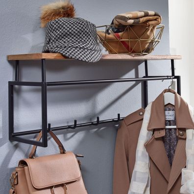 Wohnling Wandgarderobe Hakenleiste Holz Metall 71 cm Garderobe mit Ablage Flur