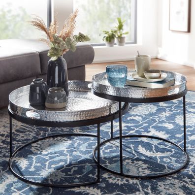 Wohnling Couchtisch 2er Set Metall Tabletttisch Silber Sofatisch Tisch Rund