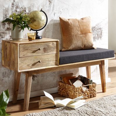 Wohnling Sitzbank Stoff Holz Massiv 120 cm Flurbank Stauraum Polsterbank Bank