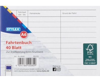 Stylex 40080 Fahrtenbuch, DIN A6, 40 Blatt, FSC