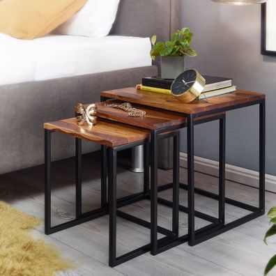 Wohnling Satztisch 3er Set Beistelltisch Holz Massiv Metall Couchtisch Tisch