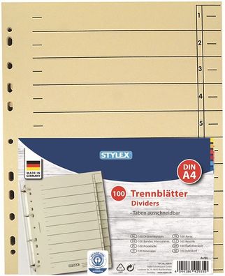 Stylex Trennblätter, 100er Packung DIN A4 - 11-fach gelocht - aus 100% Altpapier