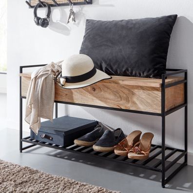 Wohnling Sitzbank mit Stauraum Flur 90x52x38 cm Massivholz Flurbank Bank Braun