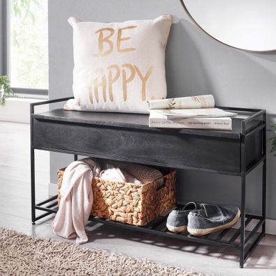 Wohnling Sitzbank mit Stauraum Flur 90x52x38 cm Massivholz Flurbank Bank Schwarz