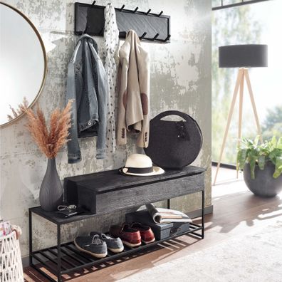 Wohnling Garderoben Set Schwarz Holz Massiv Wandgarderobe Sitzbank Flurgarderobe
