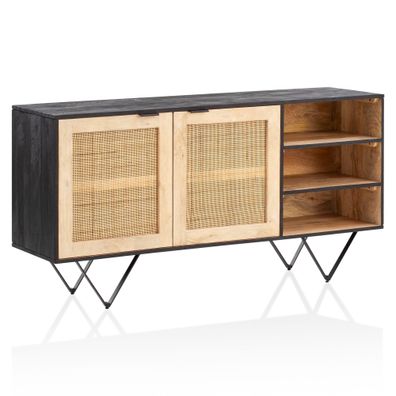 Wohnling Sideboard 145x75x40 cm Massivholz Rattan Anrichte Kommodenschrank