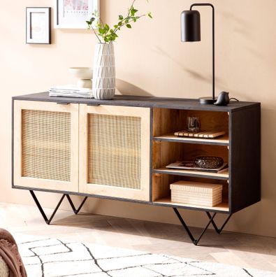 Wohnling Sideboard 145x75x40 cm Massivholz Rattan Anrichte Kommodenschrank