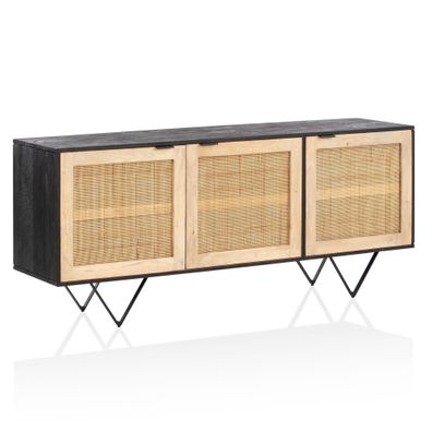 Wohnling Sideboard 175x75x45 cm Massivholz Rattan Anrichte Kommodenschrank