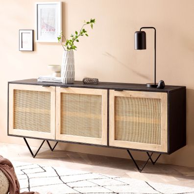 Wohnling Sideboard 175x75x45 cm Massivholz Rattan Anrichte Kommodenschrank
