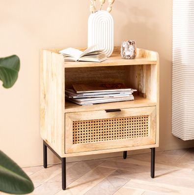 Wohnling Nachttisch Nachtkommode Boxspringbett Holz Rattan 60 cm Wiener Geflecht