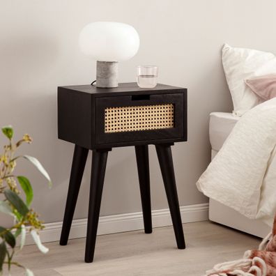 Wohnling Nachttisch Nachtkommode Boxspringbett Holz Rattan 60 cm Wiener Geflecht