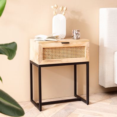 Wohnling Nachttisch Nachtkommode Boxspringbett Holz 50x60x30 cm Wiener Geflecht